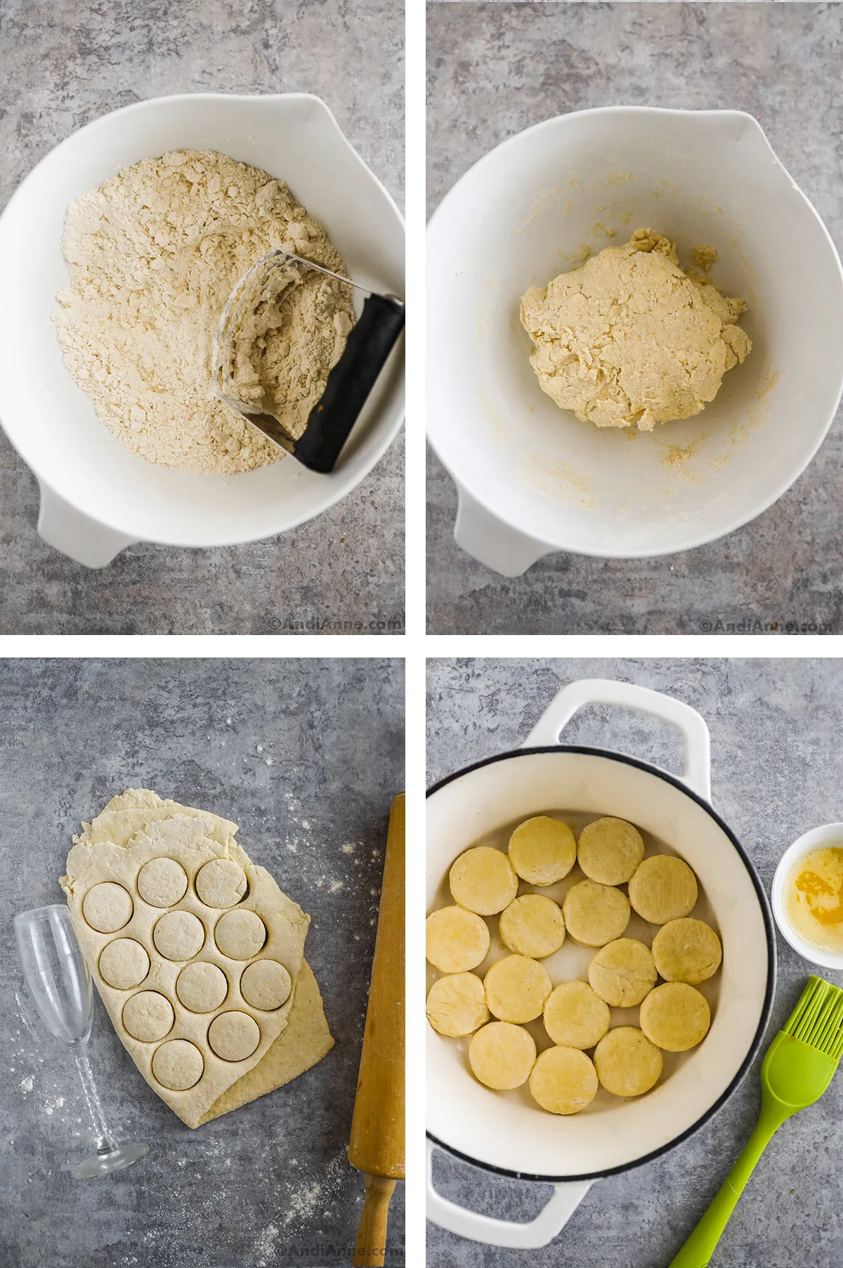 Four images showing steps to make recipe. First two are have a white bowl, first with flour and pastry cutter, second with ball of dough. Third is dough with circles cut in. Fourth is biscuits in a baking dish.