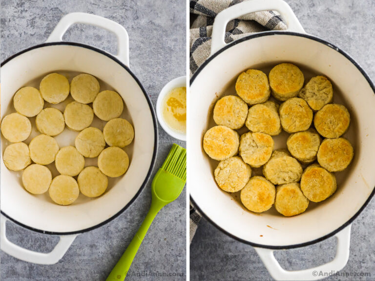 Two images of a white pot, first with unbaked biscuits, second with baked biscuits inside.