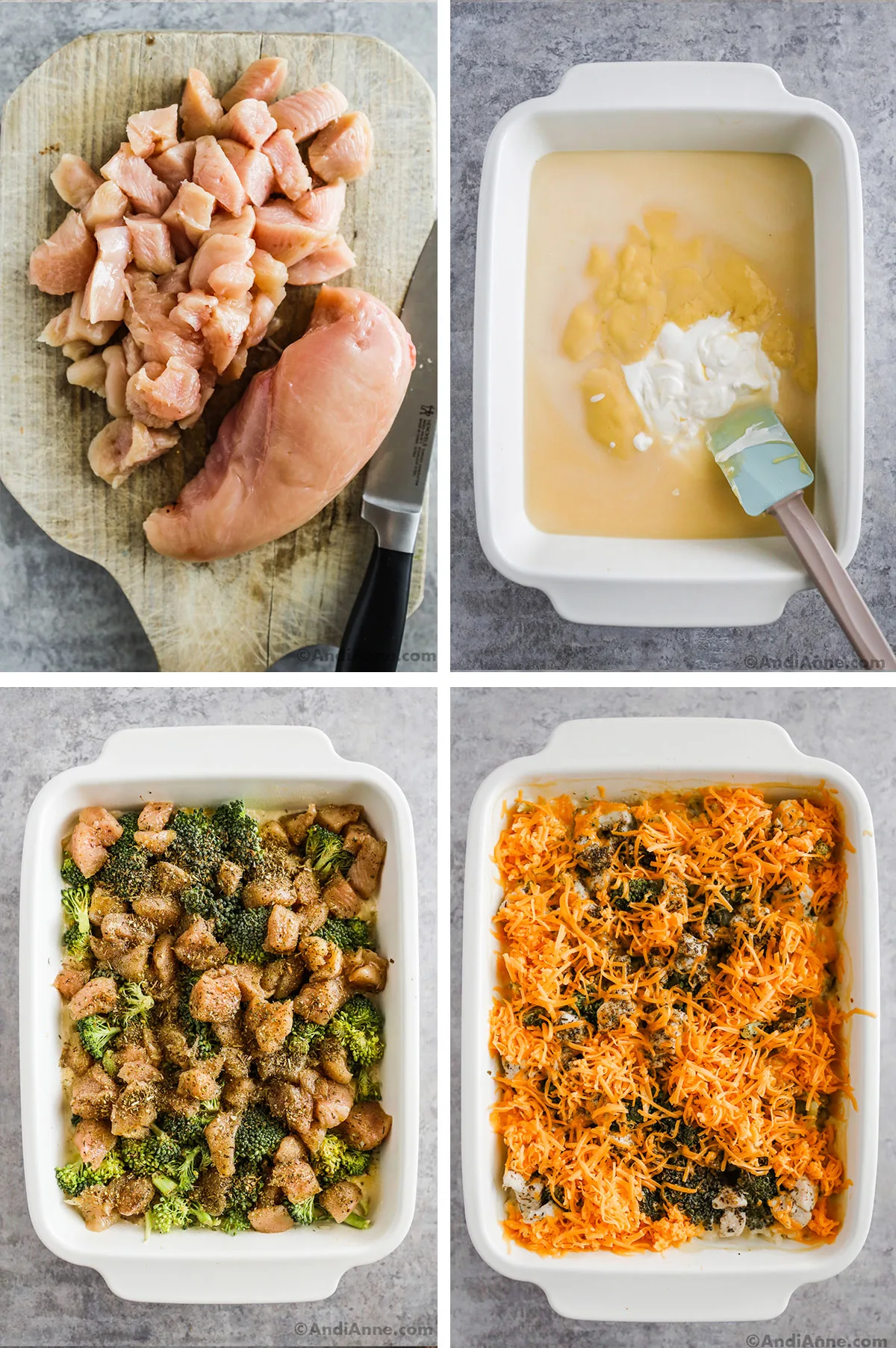 four images grouped together. First is chopped chicken, second is liquids dumped in casserole dish. Third is raw chicken pieces and broccoli florets covered in spices in casserole. Fourth is shredded cheese on top of everything in casserole dish.