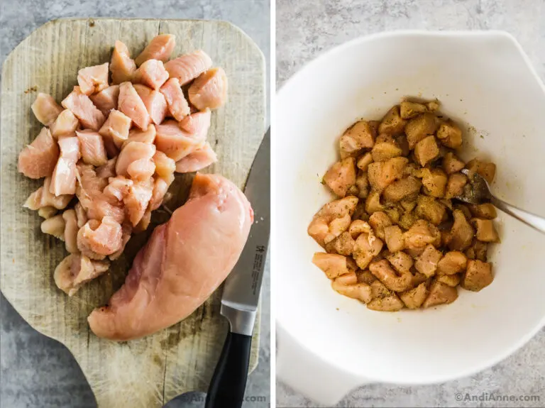 Two images, first is chopped chicken and a raw chicken breast with a knife. Second is chopped chicken in a bowl tossed with oil and spices.
