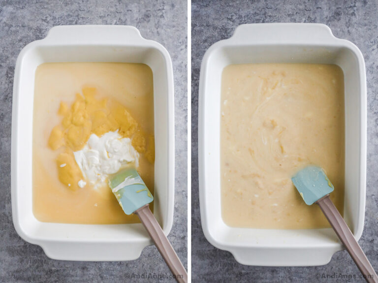 Two images of a white casserole dish, first is creamy liquids dumped in, second is creamy liquids all mixed together.