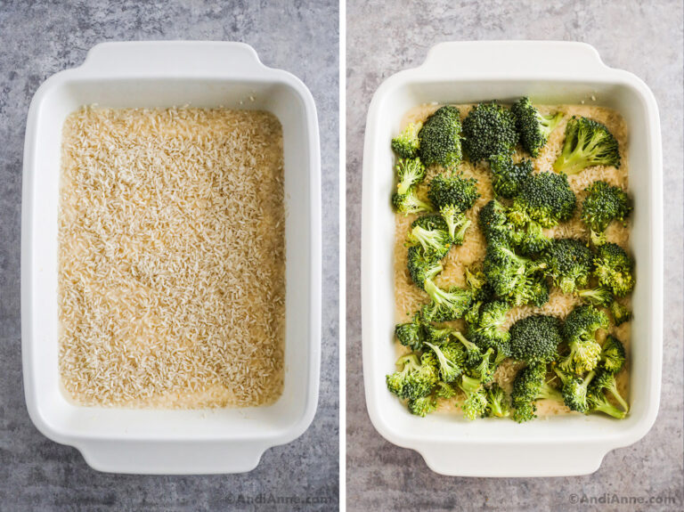 Two images of a casserole dish. Rice poured overtop of a creamy liquid. Second is broccoli florets on top of rice.