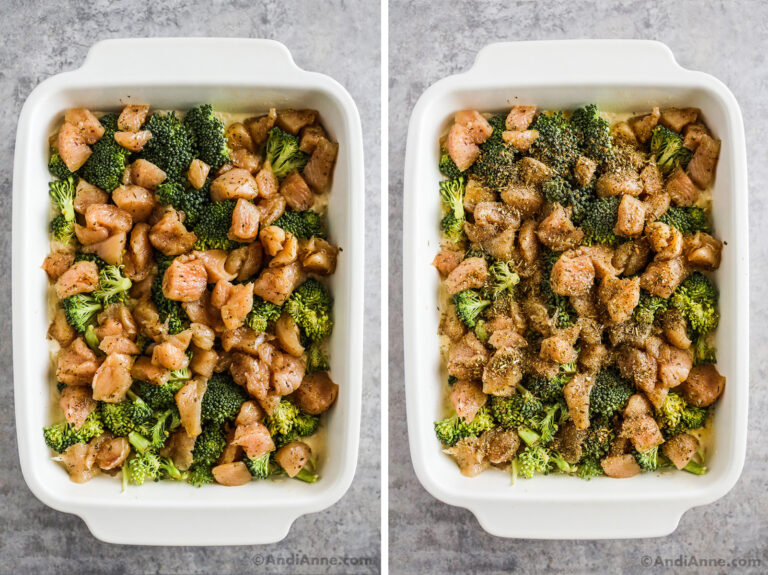 Two images of a white casserole dish. First is un cooked with raw chicken recipe. Second is cooked recipe.