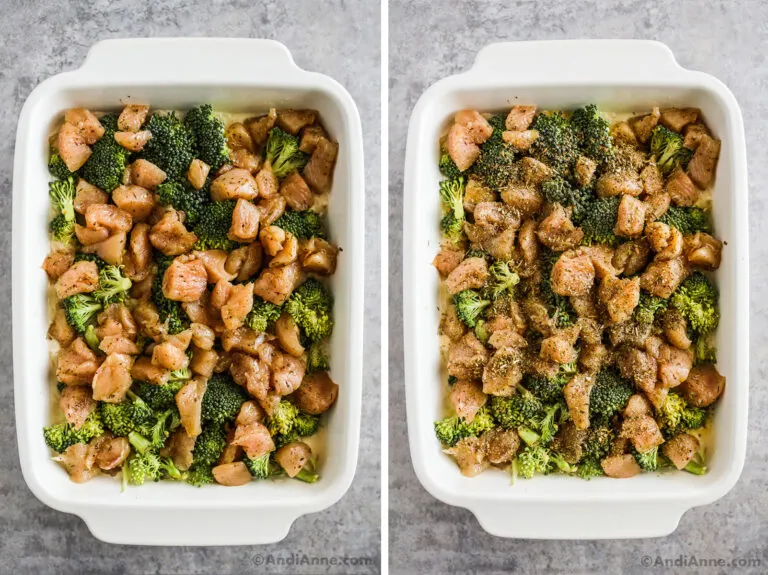 Two images of a white casserole dish. First is un cooked with raw chicken recipe. Second is cooked recipe.