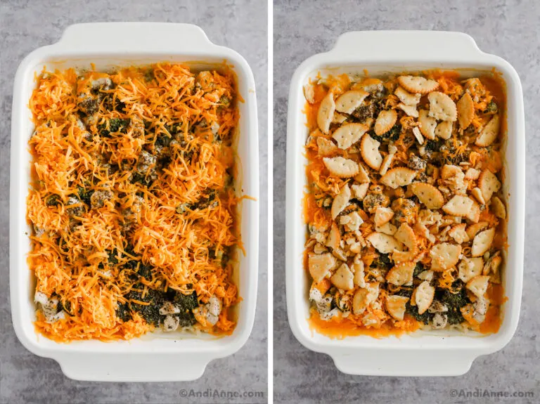 Two images of a casserole dish. First is shredded cheese poured overtop of broccoli chicken mixture. Second is crushed crackers sprinkled on top.