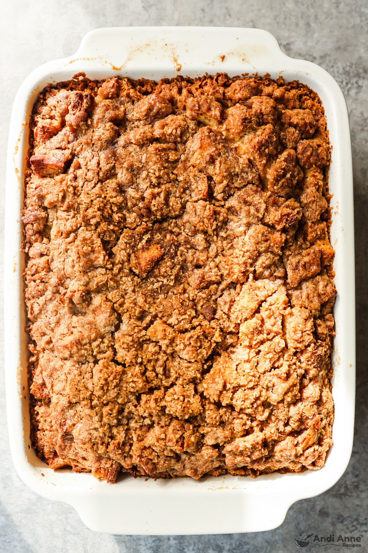 Close up of finished crispy french toast bake surface.