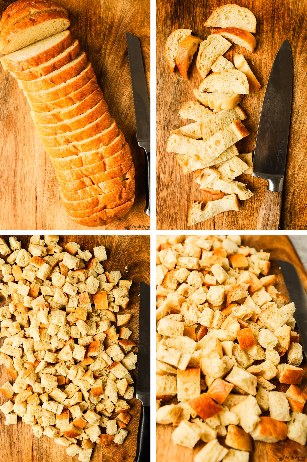 Four images grouped: first is loaf of bread, second is bread sliced into strips, third and fourth are bread chopped into cubes.