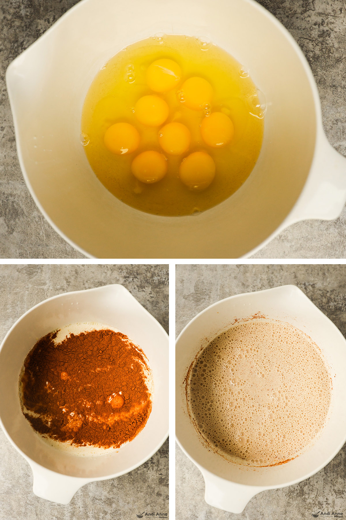 Three images grouped. First is bowl with eggs, second is cinnamon and milk dumped in bowl, third is all ingredients mixed.