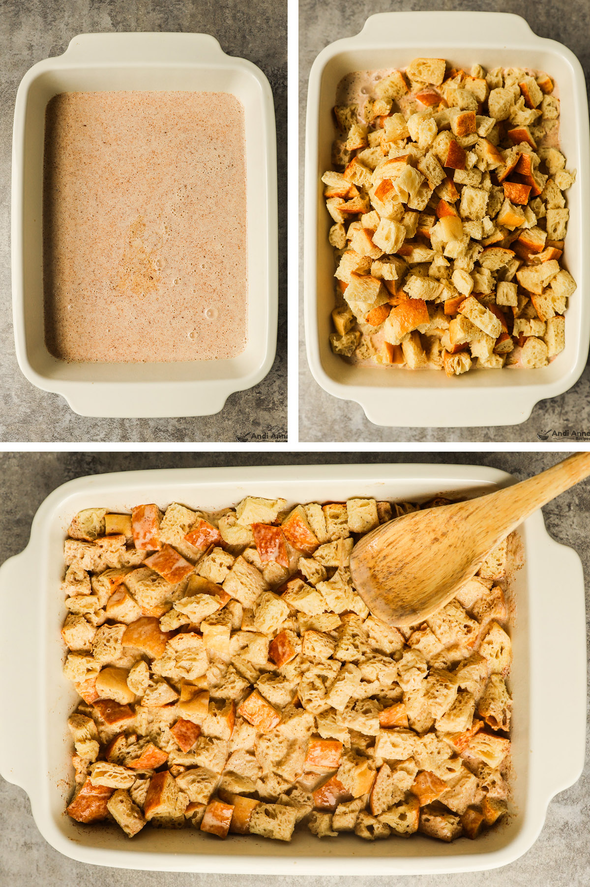 Three images of a casserole dish, first is liquid poured in, second has bread cubes poured on top, third is bread cubes absorbed with liquic.