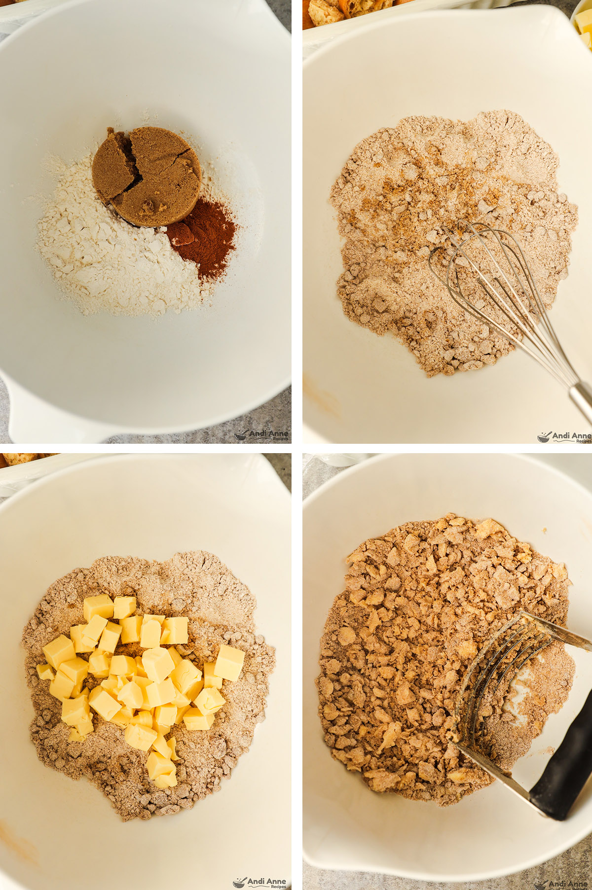 Four images, first is flour, brown sugar and cinnamon dumped in bowl, second is those ingredients mixed. Third is butter cubes added. Fourth is butter crumbled into the mixture.