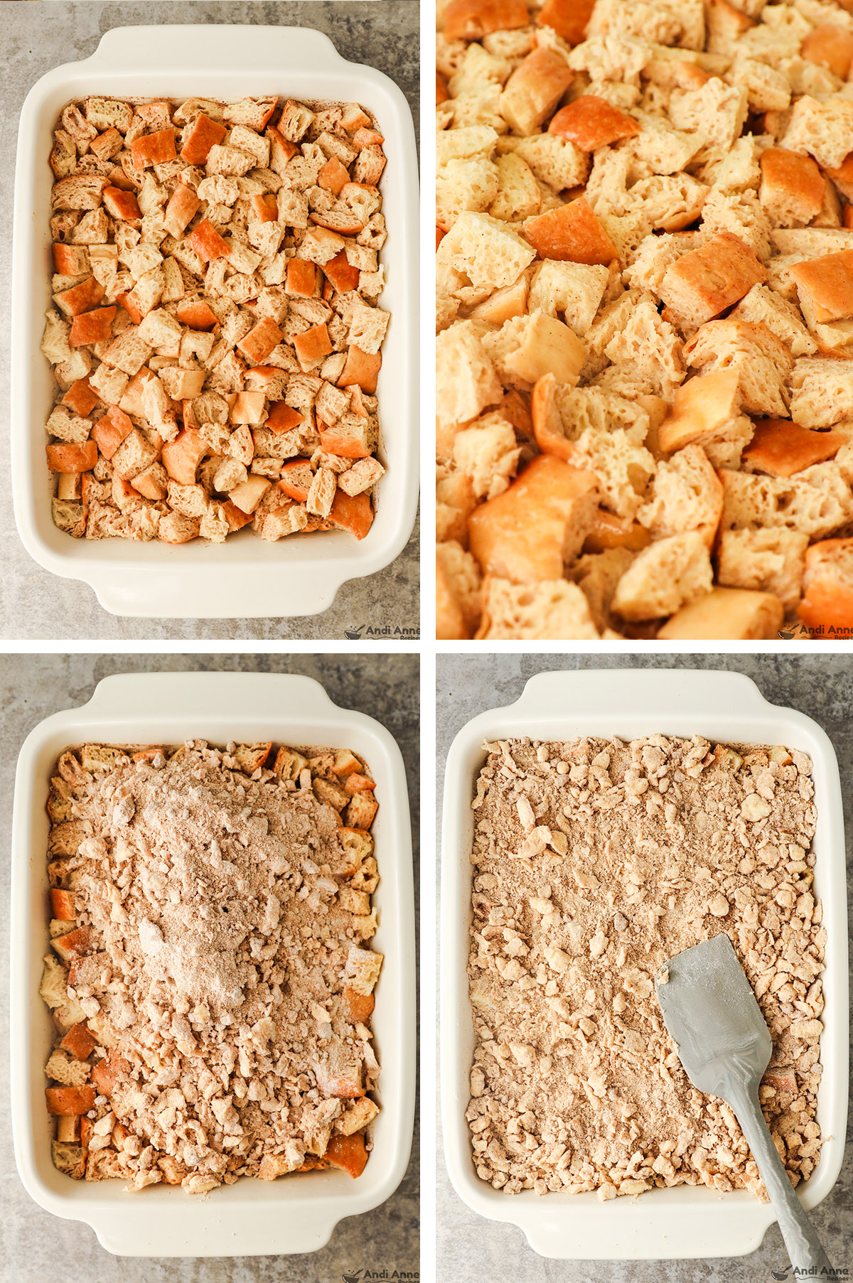 Four images, first is casserole dish with soaked bread cubes, second is close up of those bread cubes, third is crumble ingredients poured on top, fourth is those ingredients spread into even layer.