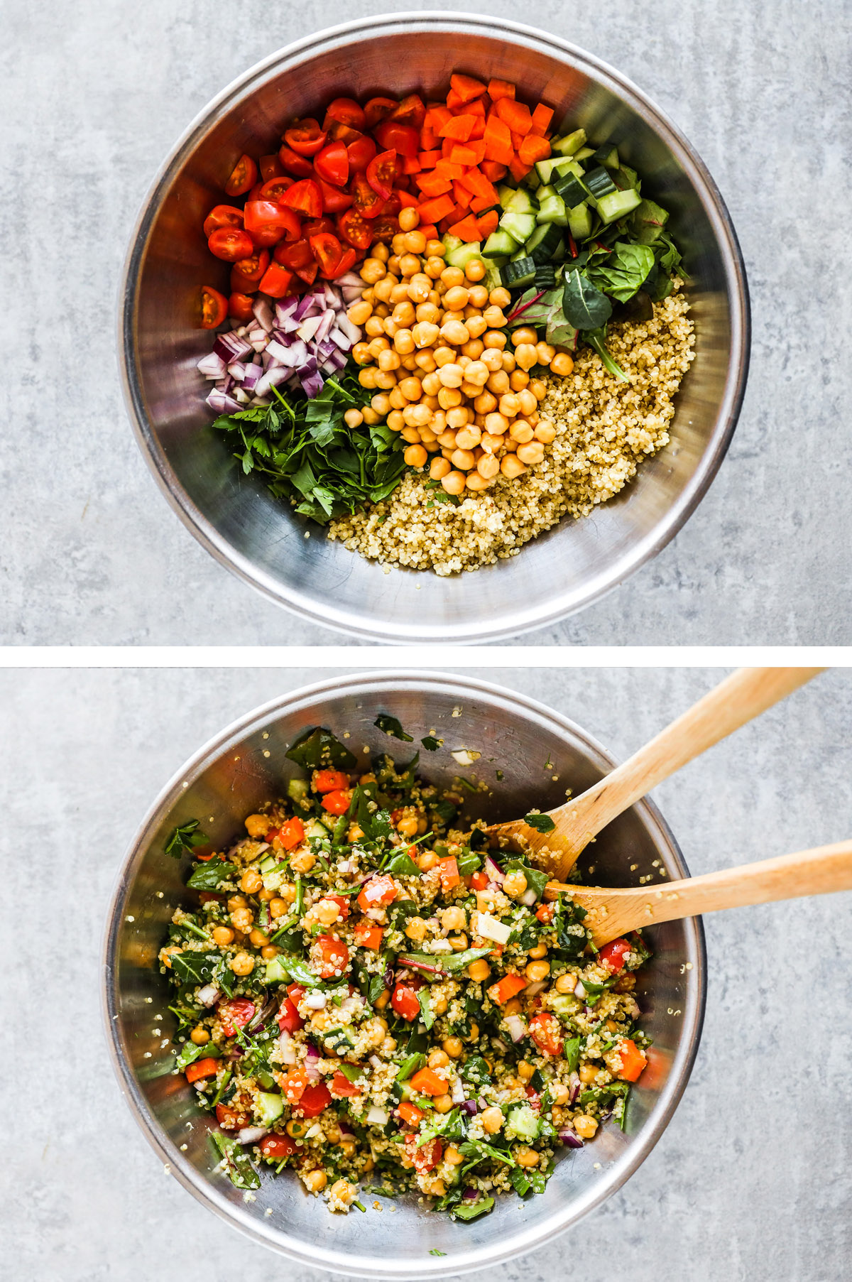 A bowl of various chopped vegetables, chickpeas and quinoa. First unmixed then mixed.