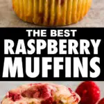 Close up of a raspberry muffin and one cut in half