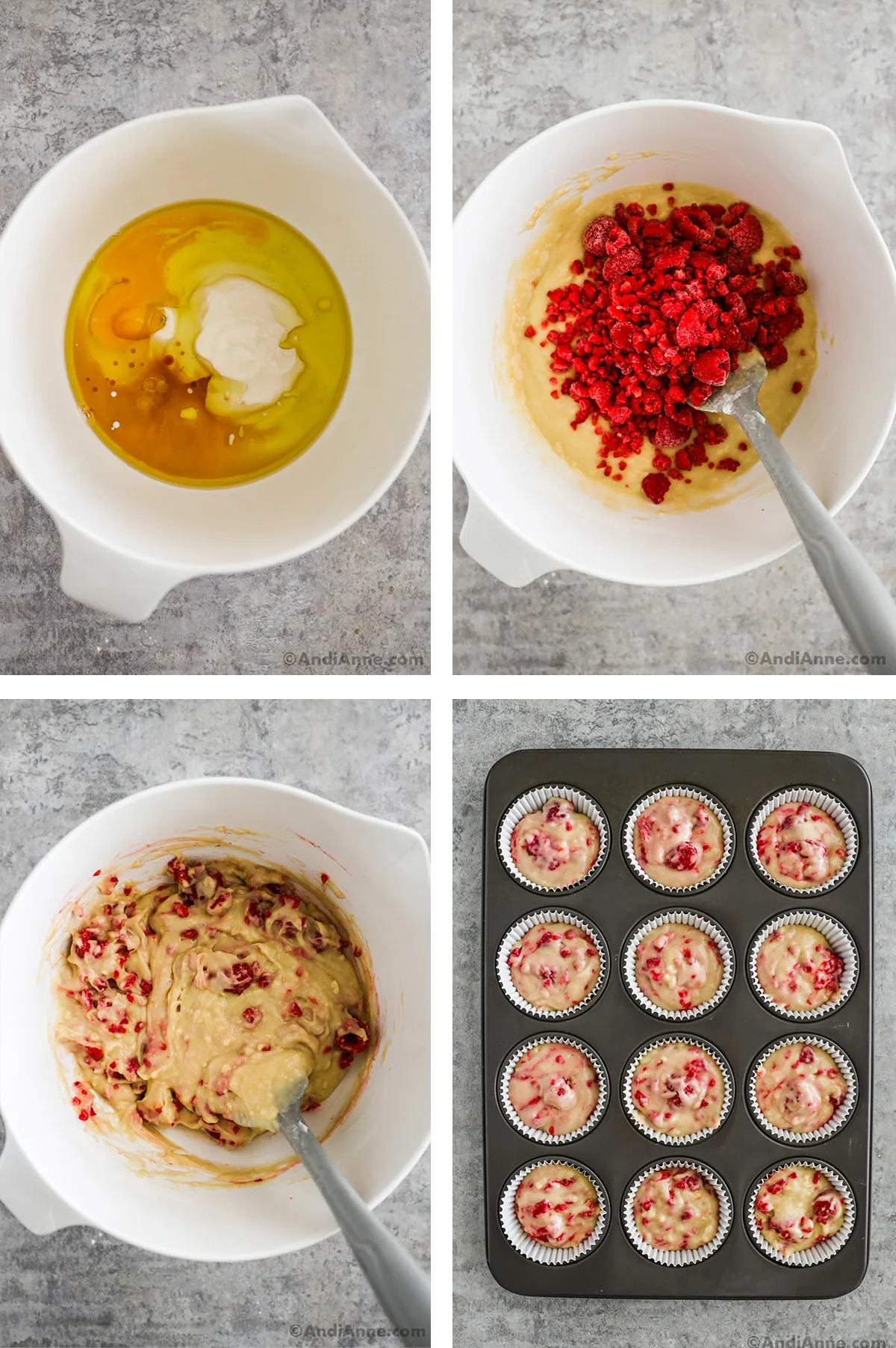 Four images grouped together. First is wet ingredients in a bowl. Second is frozen raspberries dumped overtop of muffin batter in bowl. Third is raspberry muffin batter in a white bowl. Fourth is raw muffins in a muffin pan.