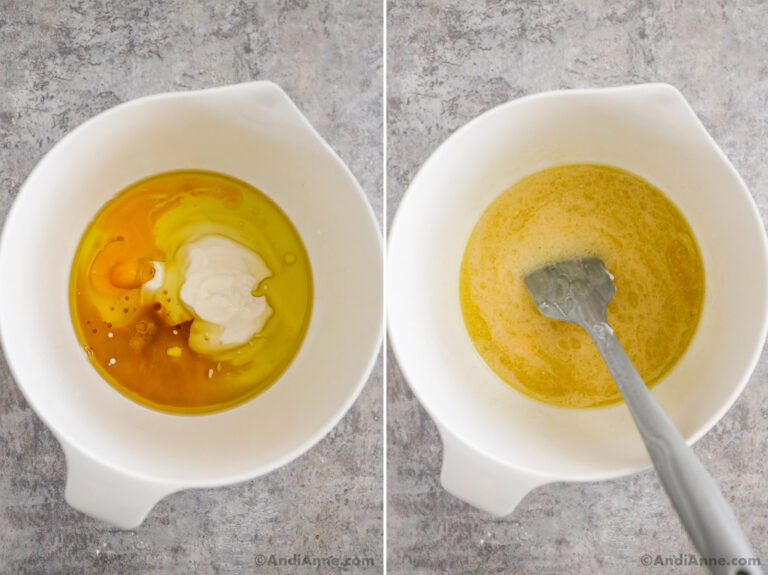 Two images of a white bowl, first is wet ingredients and sugar in a bowl. Second is wet ingredients mixed together with a spatula.