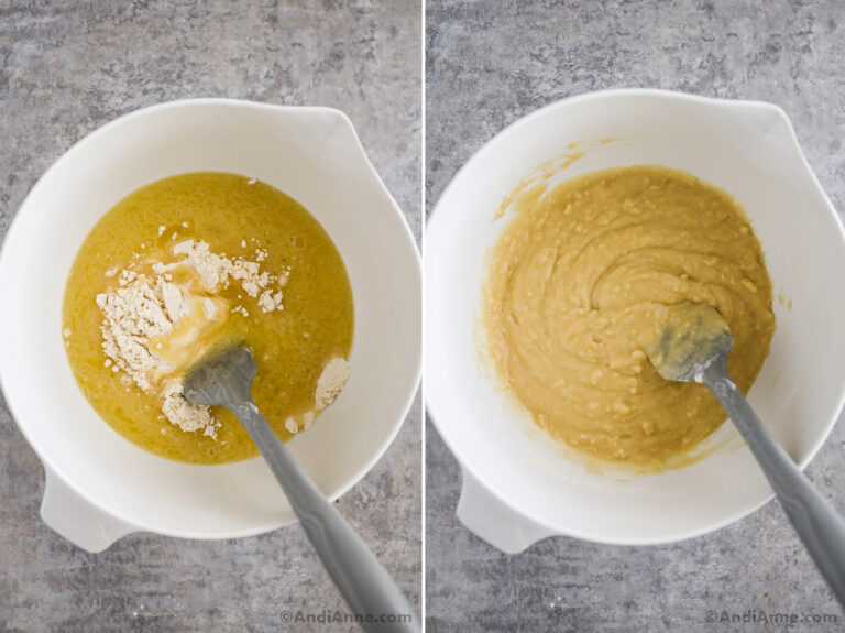 Two images of a white bowl, first is dry ingredients dumped into wet ingredients, second is the batter mixed together.