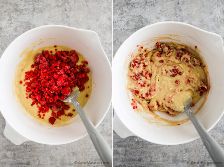 Two images of a white bowl, first is frozen raspberries dumped on top of batter. Second is raspberries mixed in.