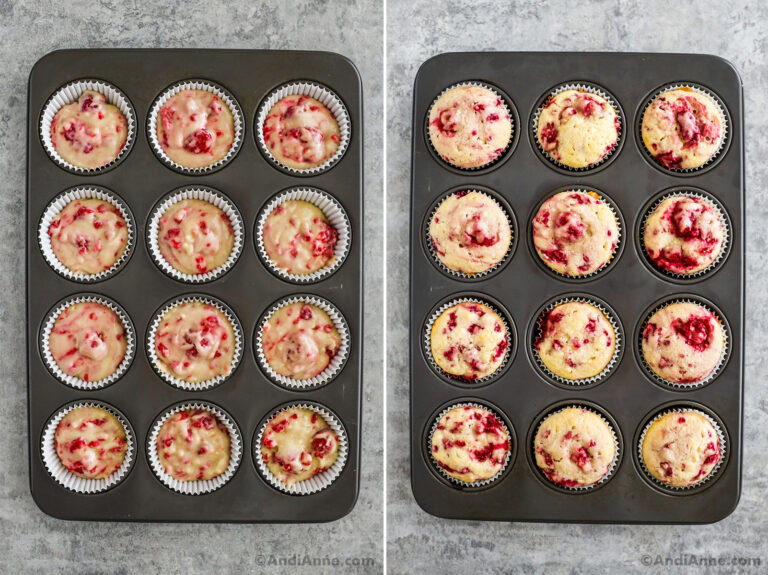 Raspberry muffins, the first image is unbaked, second image is baked all in a muffin pan.