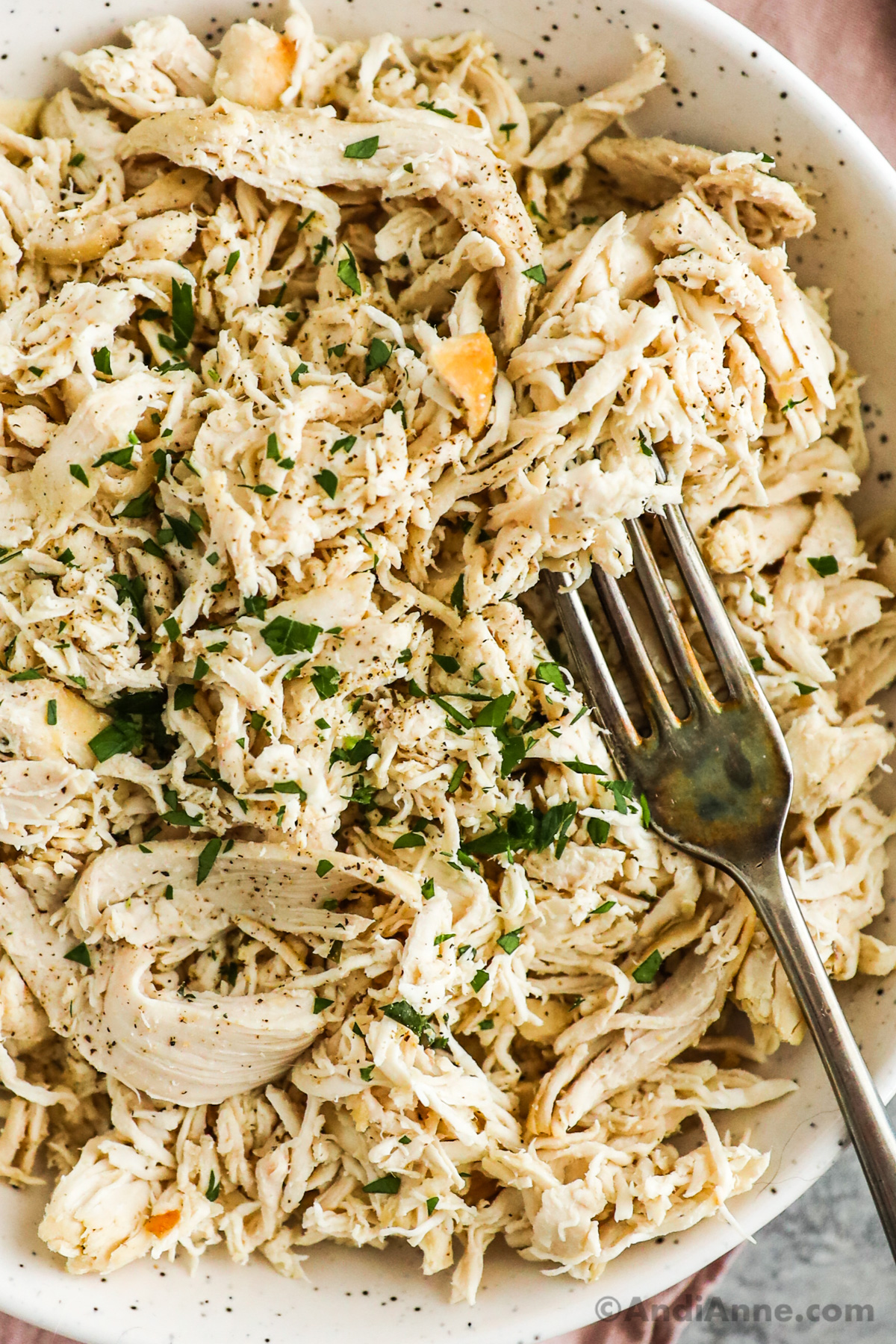 A white bowl with shredded chicken and a fork.
