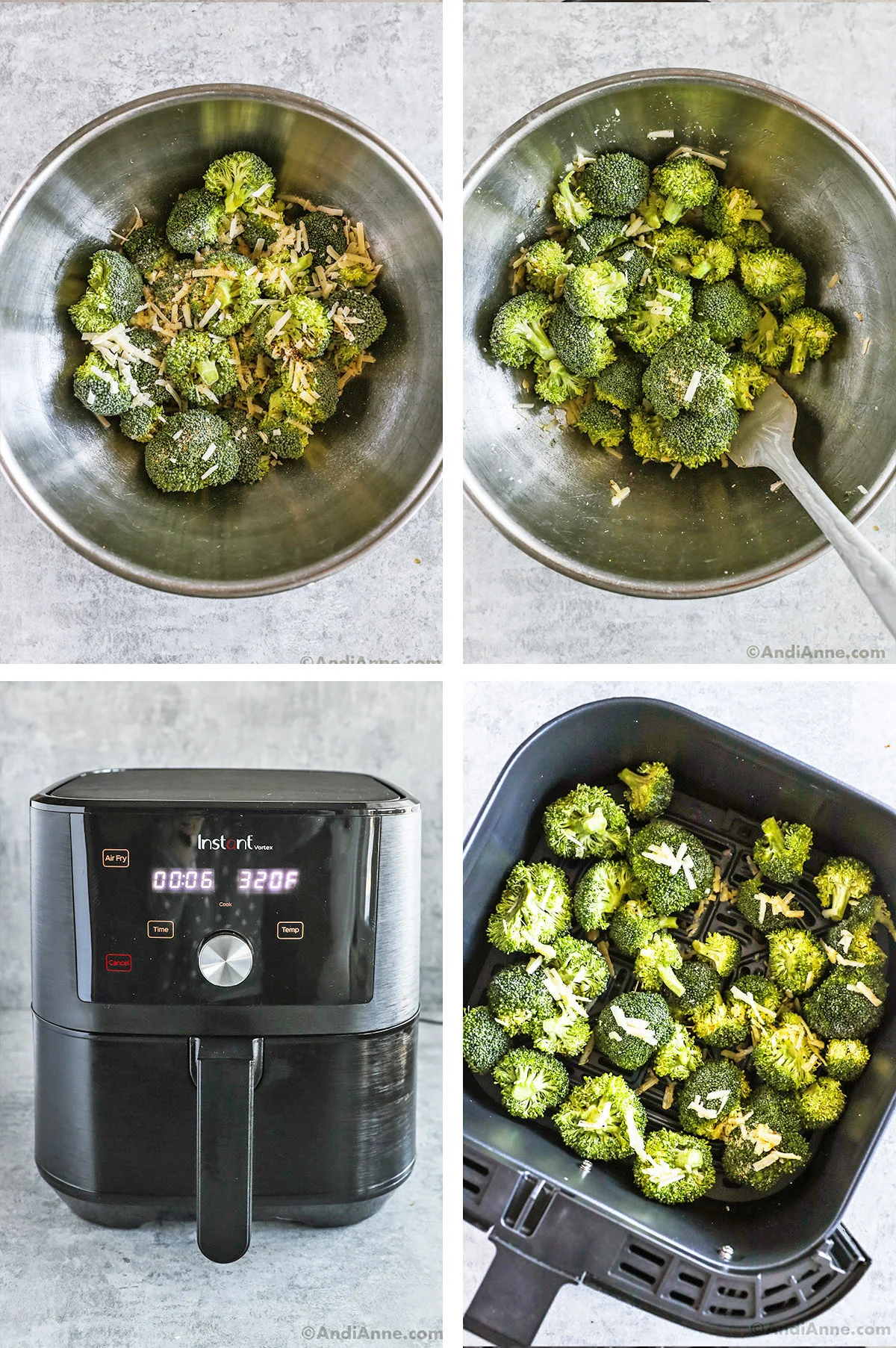 Four images, first two of broccoli florets mixed with parmesan cheese and spices in a metal bowl with spatula. Second two of air fryer and air fryer basket with broccoli florets tossed with parmesan and spices.