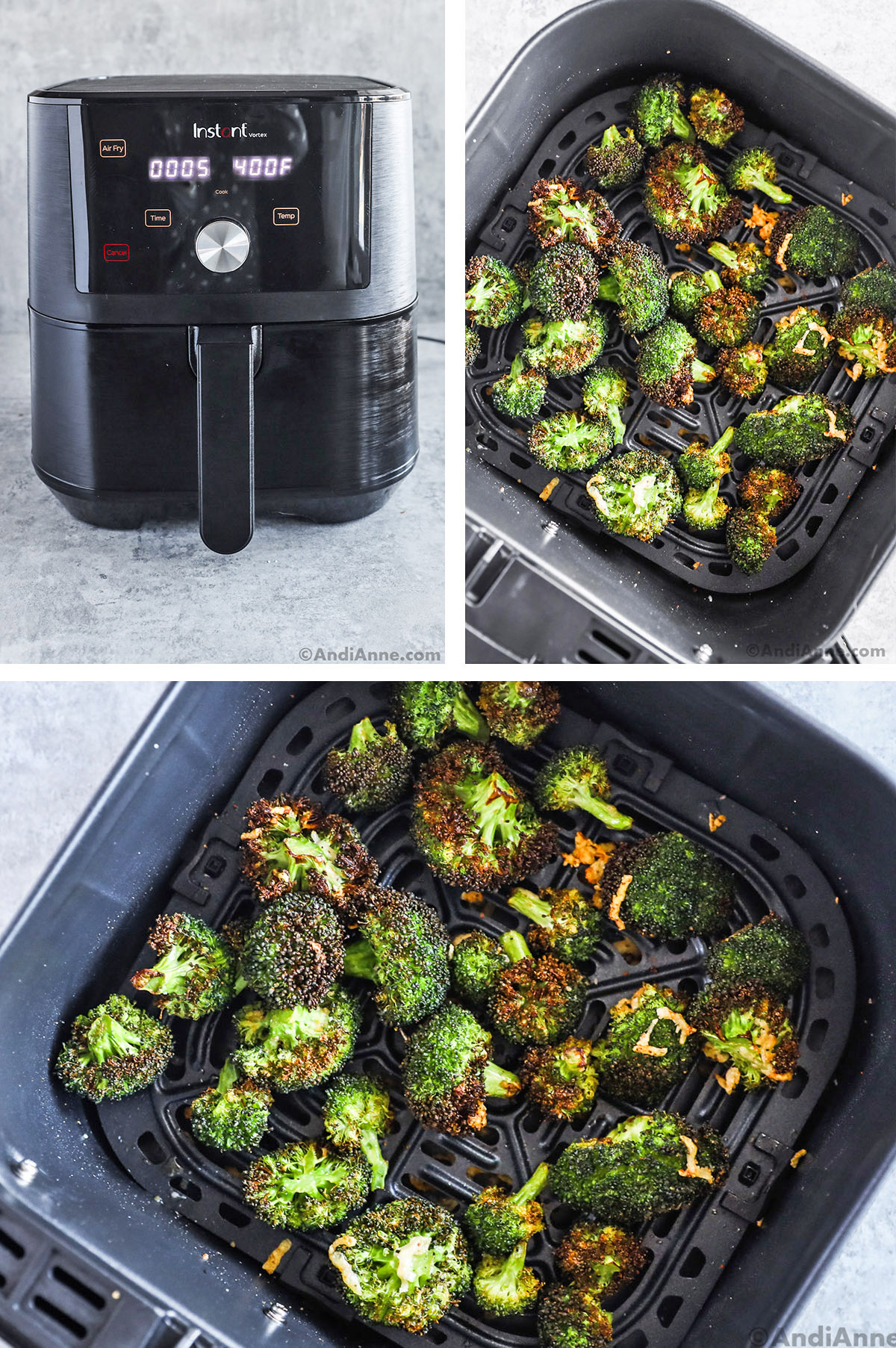 Three images, first is outside of air fryer, second is air fryer basket with crispy broccoli, third is crispy broccoli in an air fryer basket.