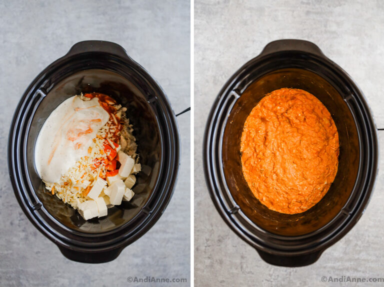 Two images looking into a crockpot. First with cheese, sauces and chicken dumped in. Second with orange colored buffalo chicken dip inside.