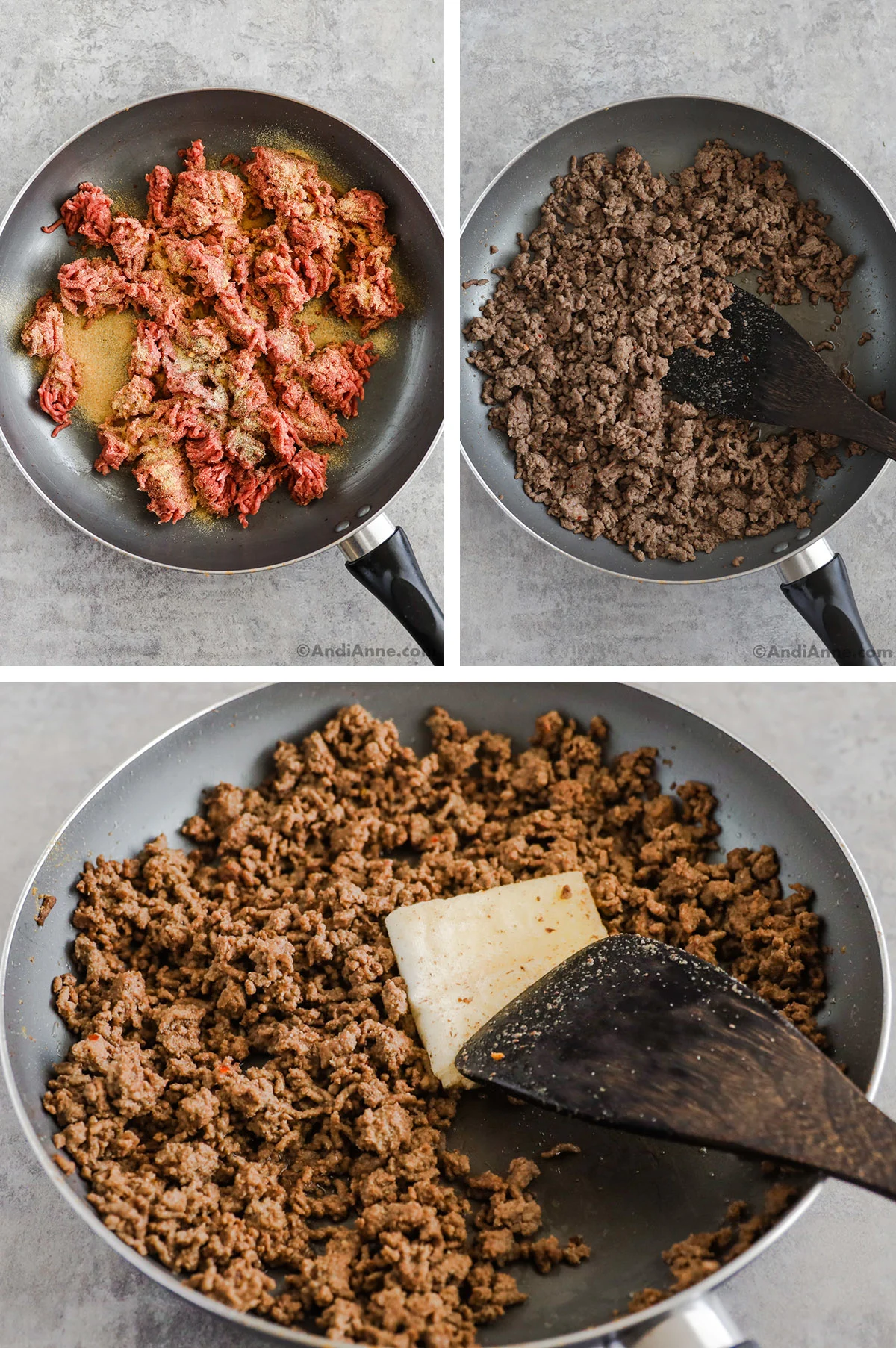 Three images of a frying pan with ground beef. FIrst is raw ground beef with spices, second is cooked ground beef, third is paper towel soaking up excess grease in ground beef.