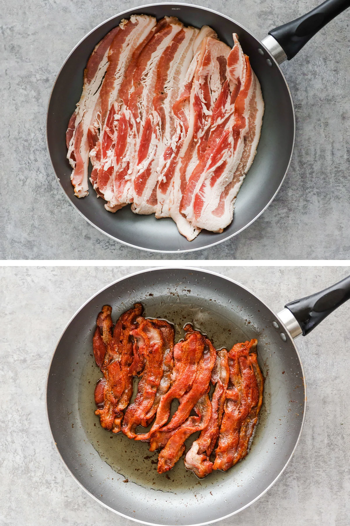 Raw bacon slices in a frying pan, then cooked bacon. 