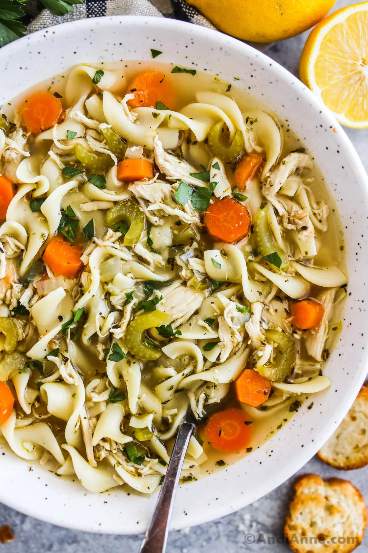 a bowl of chicken noodle soup with carrots. Sliced lemon and crackers surround bowl.