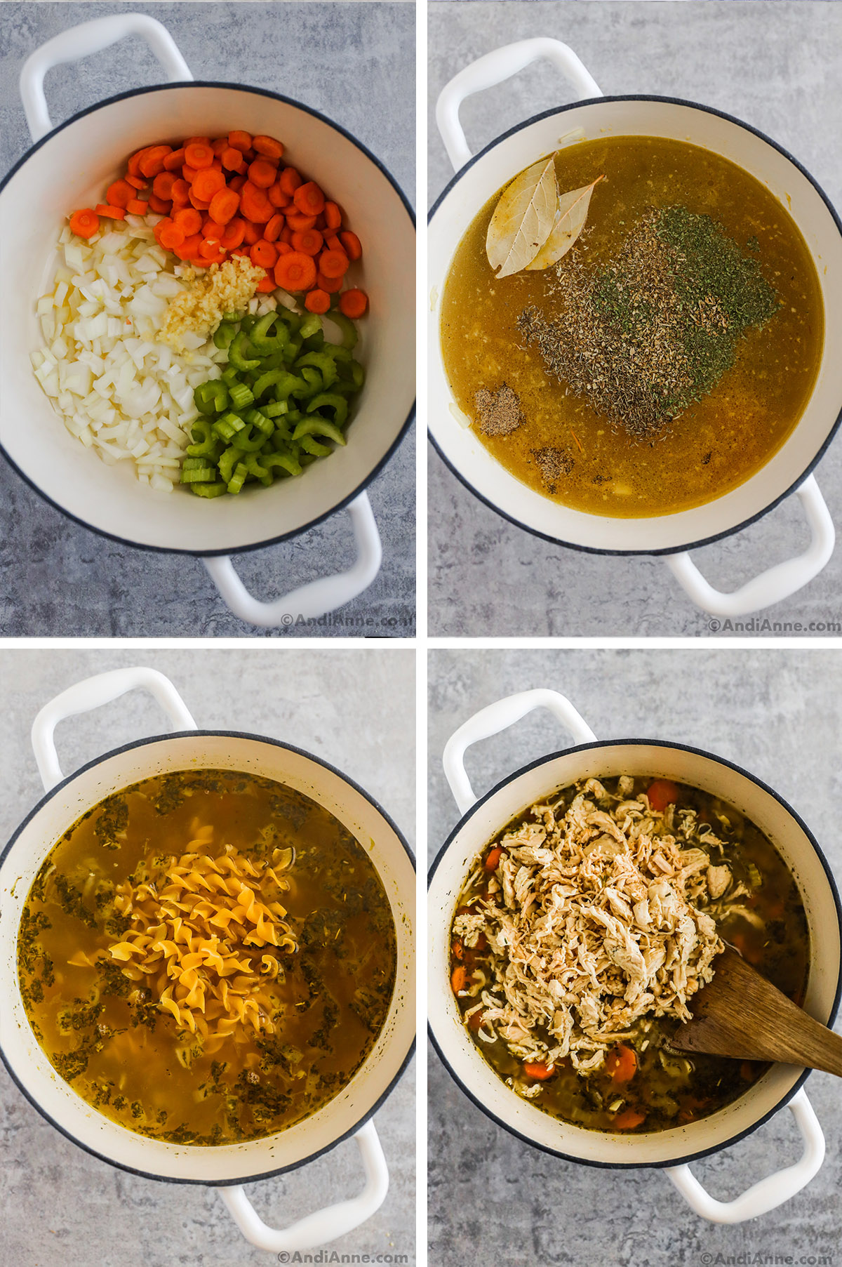 Four images showing steps. First is pot with chopped veggies, second is liquid and spices in pot, third is liquid and uncooked pasta noodles, fourth is shredded chicken dumped into the soup.