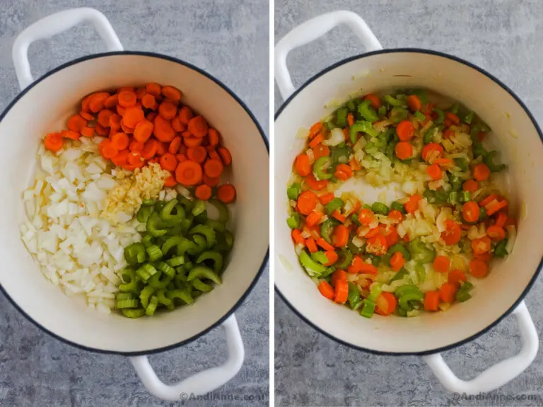 Two images of a white bowl, first with chopped onion, carrots and celery. Second image mixed together and cooked.