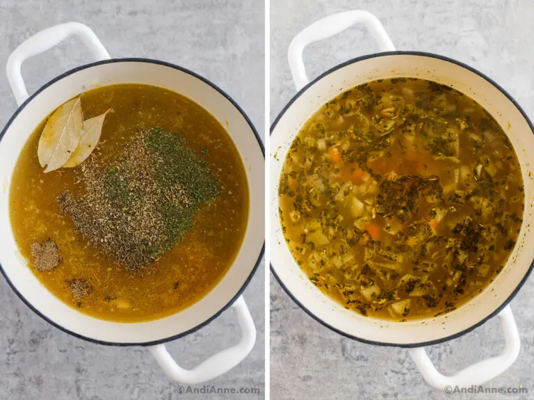 Two images of a white pot, first is broth and seasonings dumped in. Second is ingredients mixed together.