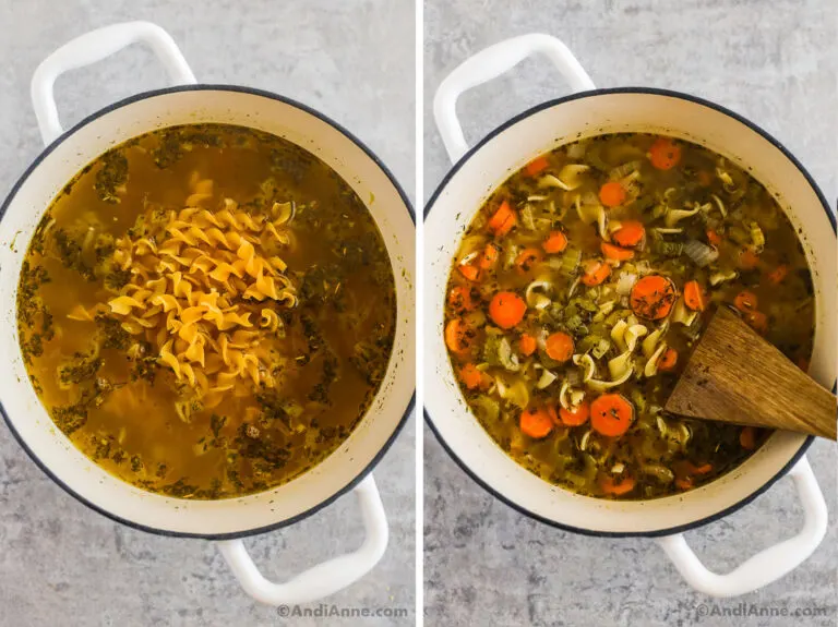Two images of a white pot. First is noodles dumped into broth. Second is soup ingredients mixed together in broth.
