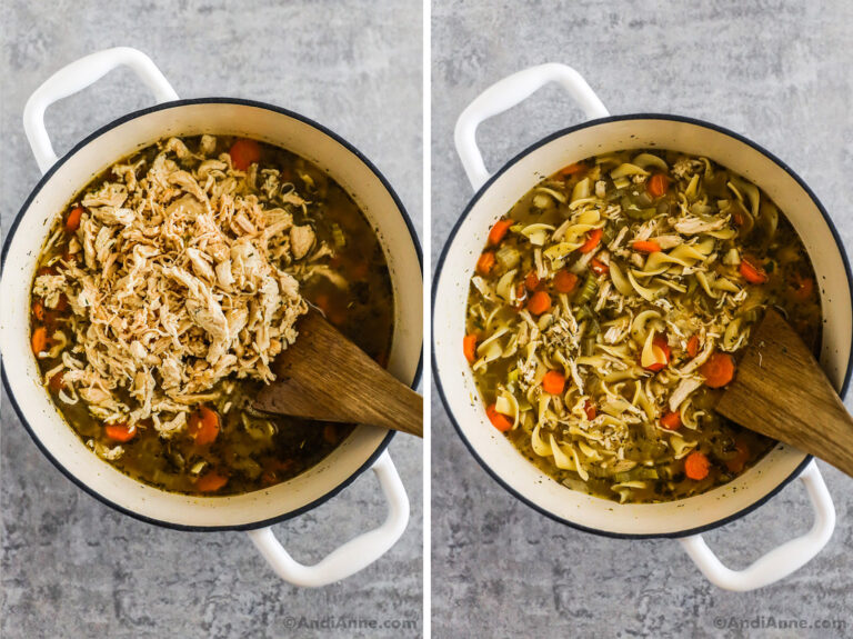 Two images of a white pot. First has shredded chicken dumped into a pot of soup. Second is mixed together chicken noodle soup.