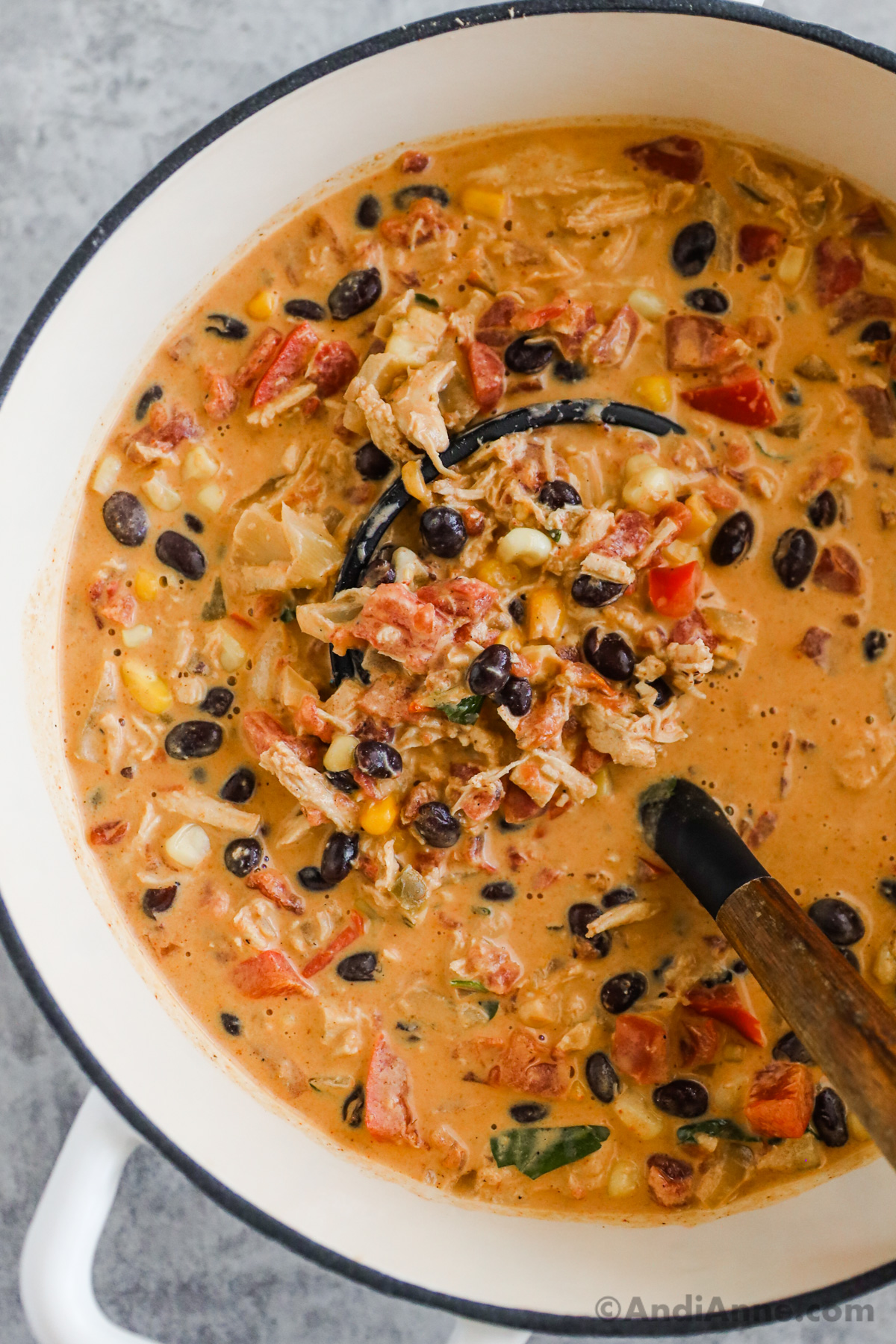 Close up of shredded chicken, black beans, corn, tomatoes and other ingredients in a creamy broth in a soup pot.