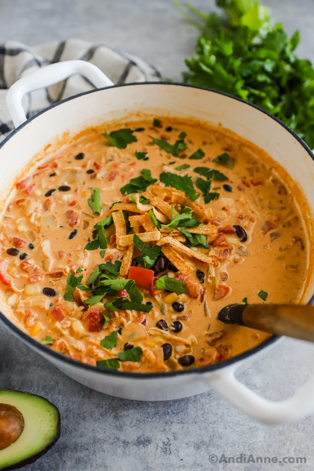 A big pot of creamy chicken taco soup with chopped parsley and crunchy tortilla strips on top.