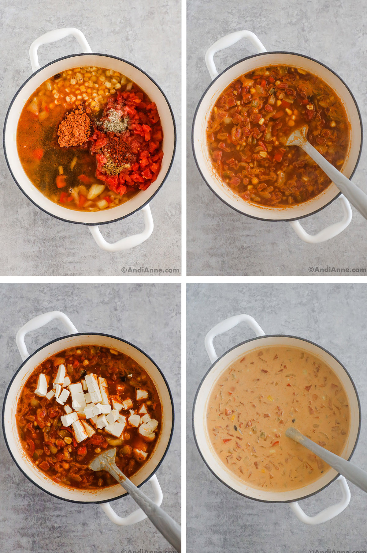 Four images combined. First is various ingredients to make soup all dumped in, but not mixed together. Second is ingredients mixed in pot. Third has cubed cream cheese dumped on top of soup. Fourth is cream cheese melted into the soup in pot.