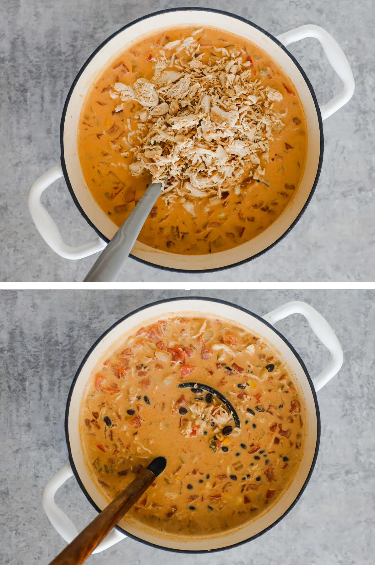 Two images, first is shredded chicken on top of soup. Second is chicken taco soup all mixed together.
