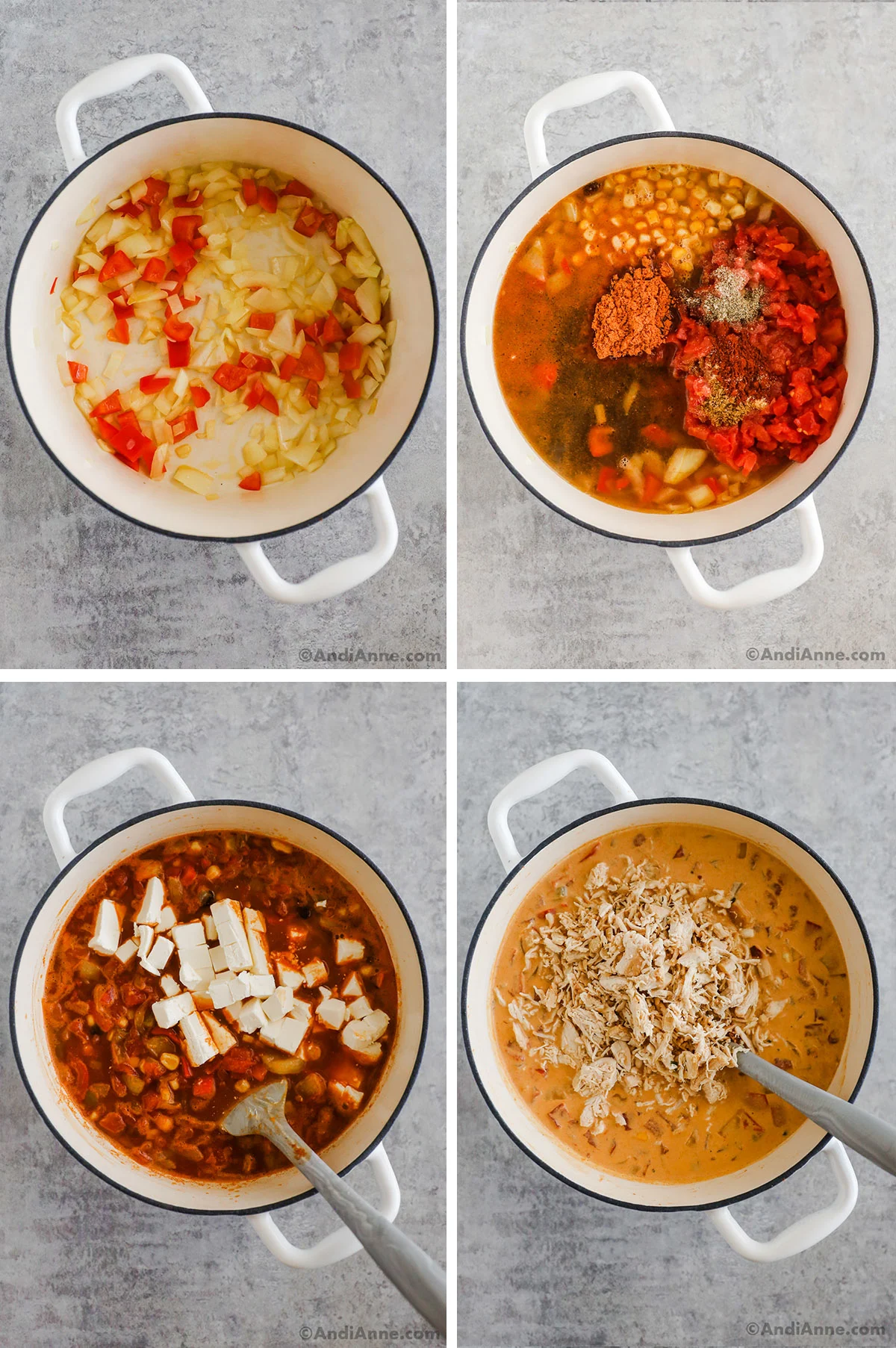 Four images showing steps to make recipe. First is chopped onion and bell pepper in a white soup pot. Second is spices, corn, tomatoes and broth dumped in the same pot. Third is cubed cream cheese added. Fourth is shredded cooked chicken added.