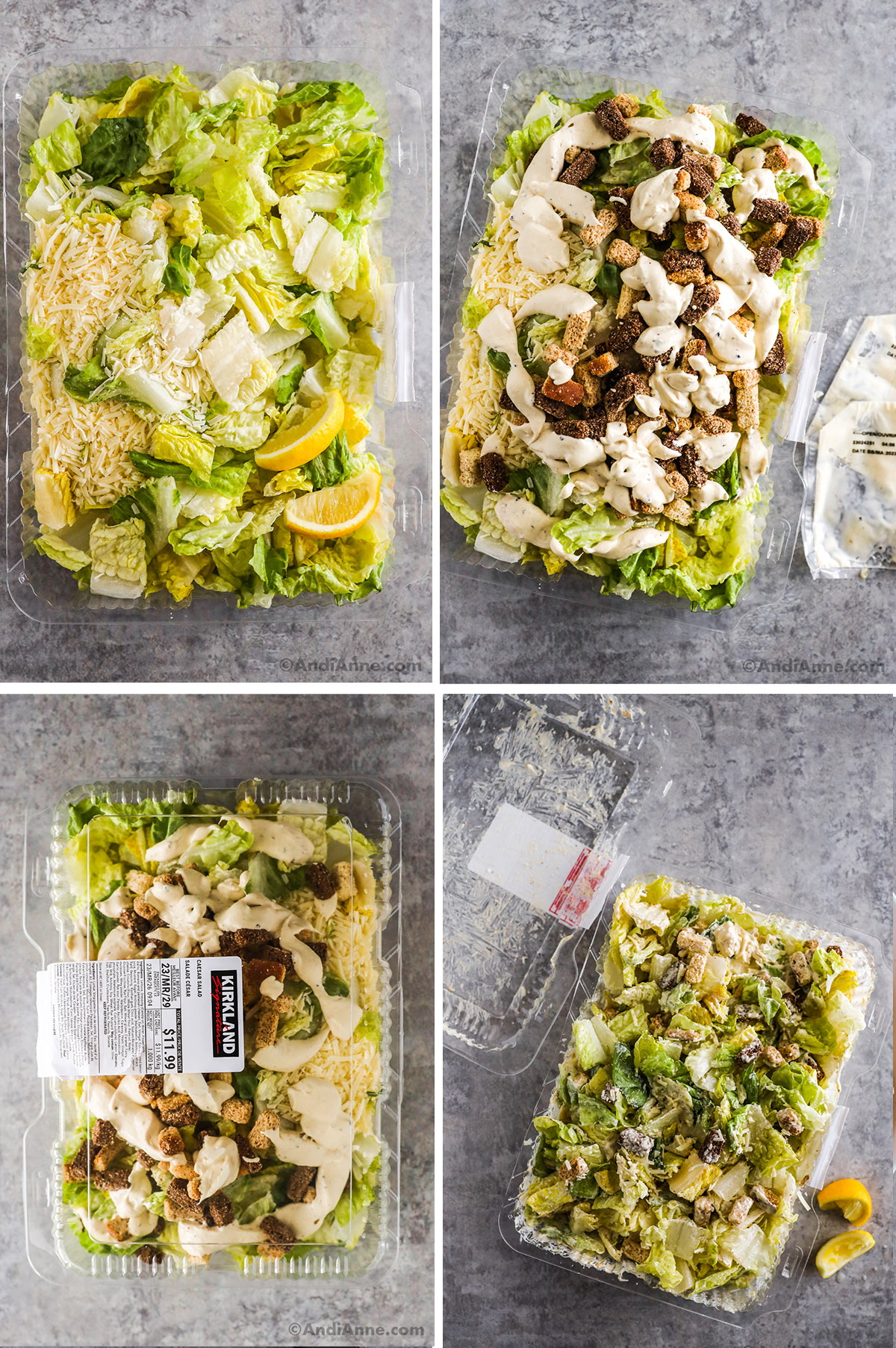 Four images showing a Costco caesar salad in a clear container in various stages. First is chopped lettuce and shredded parmesan, second is breadcrumbs and dressing dumped on top, Third is container lid closed on top, fourth is the mixed caesar salad.