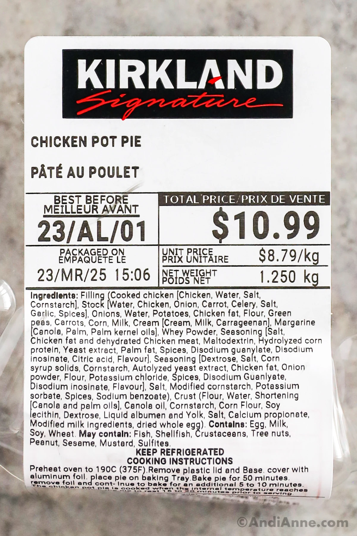 Close up of the chicken pot pie costco label with ingredients, price and best before date.