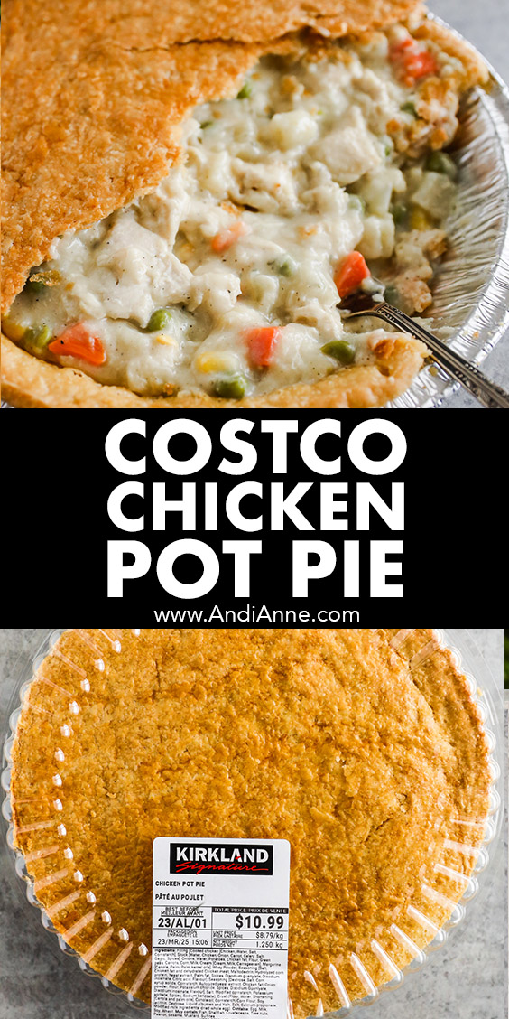 Costco chicken pot pie in a container with the top crust peeled off to see the inner filling.