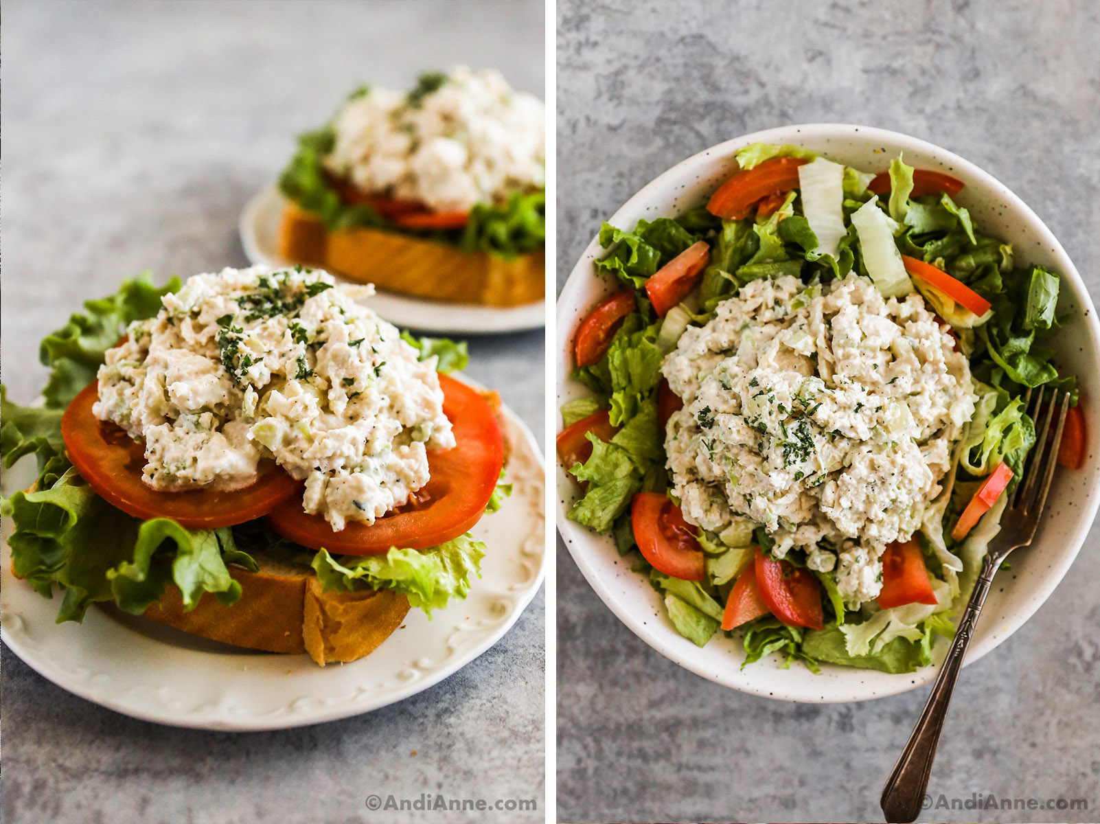 Chicken salad on a sandwich and in a bowl of vegetables.