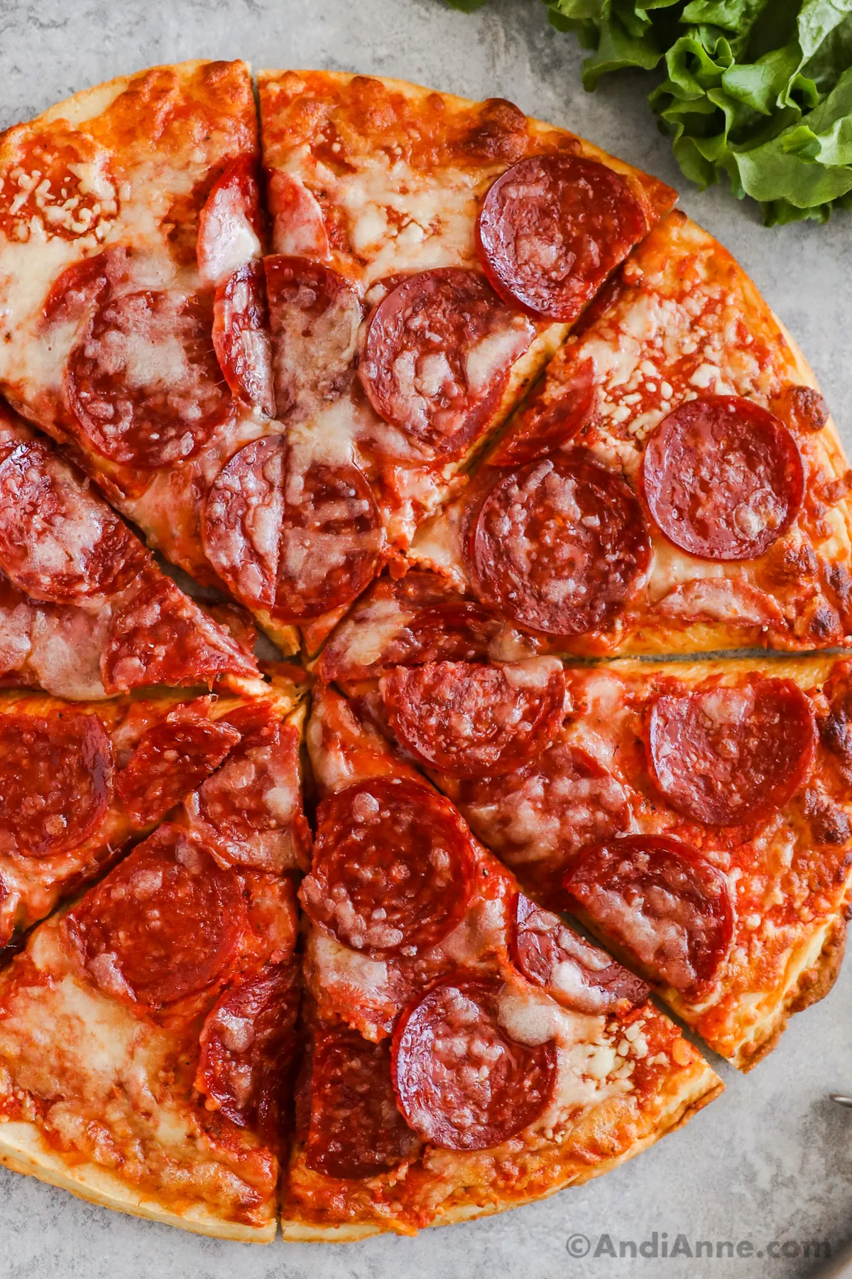 A baked Costco pepperoni pizza.