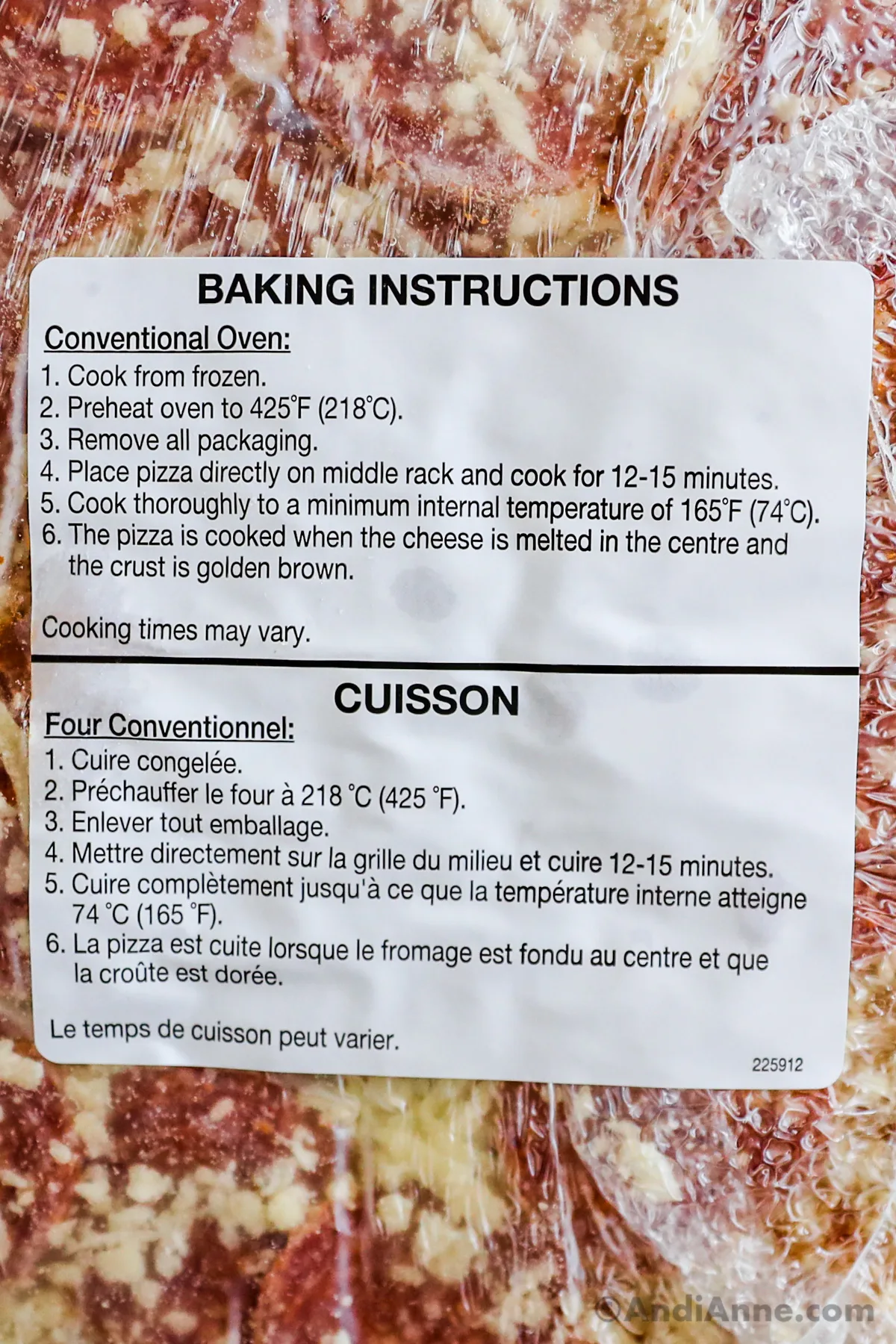 Close up of a baking instructions label.