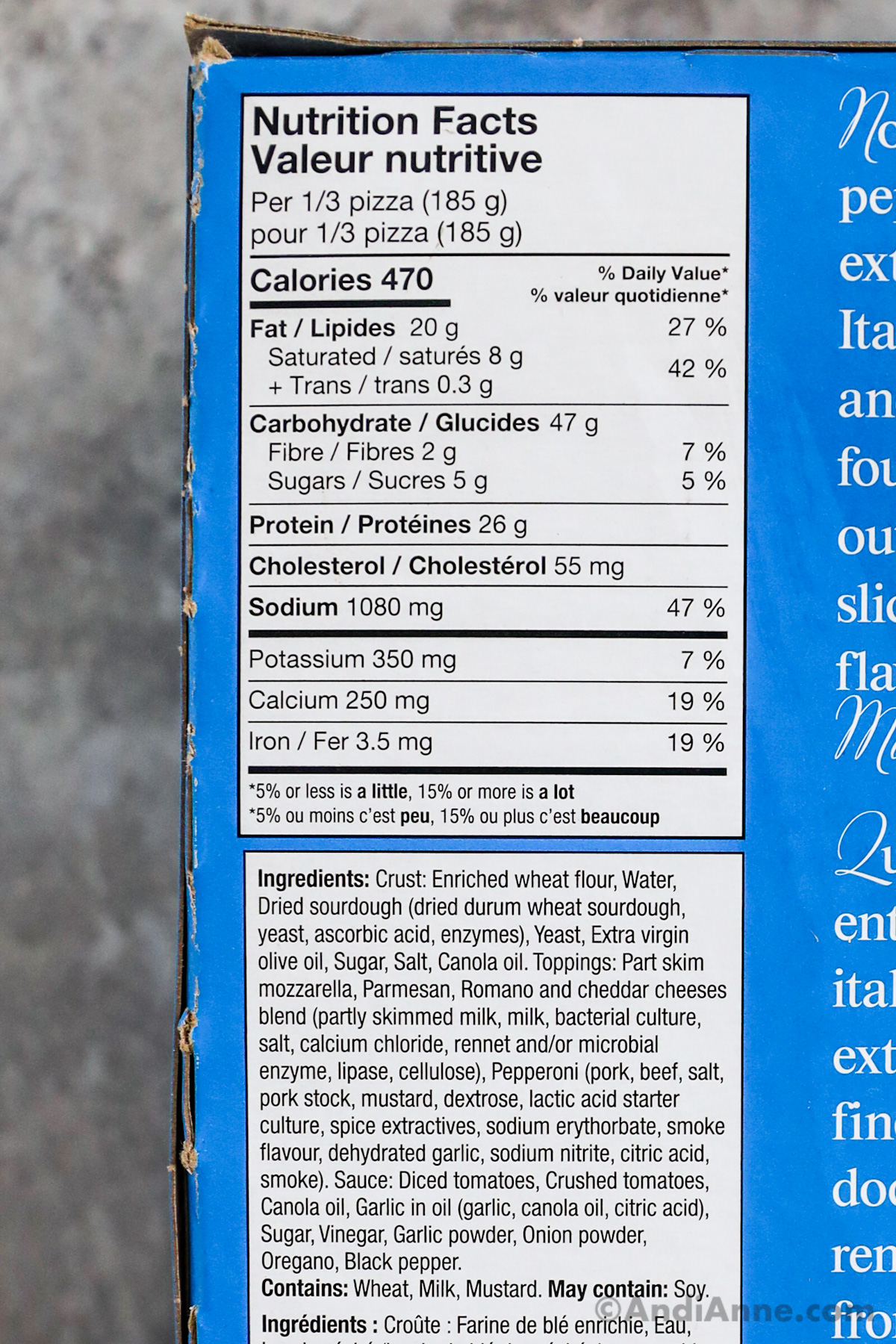 Close up of the ingredients and nutrition label of Costco frozen pepperoni pizza.