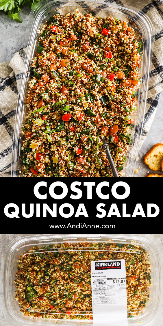 Two images of a container of costco quinoa salad.