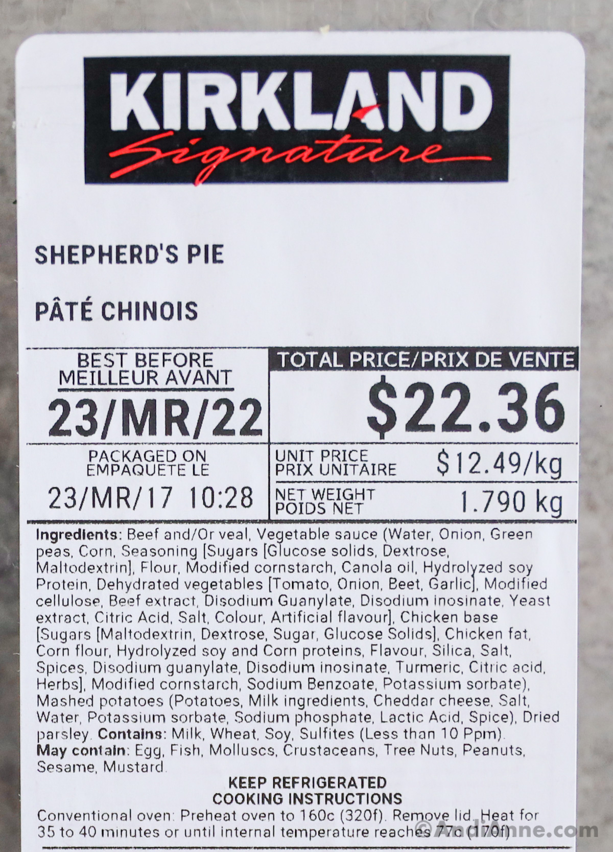 Close up of the label for Costco shepherds pie that includes price, expiry date and list of ingrdients.