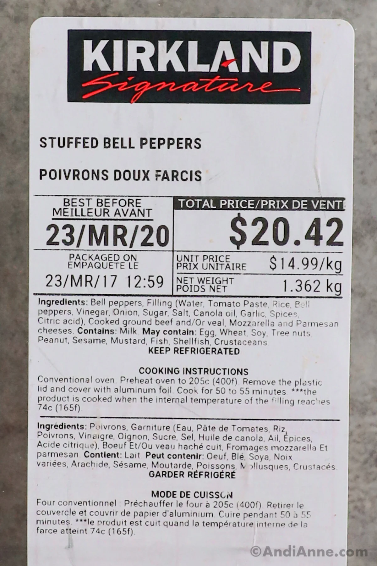 Close up of the kirkland signature stuffed bell peppers ingredients label.