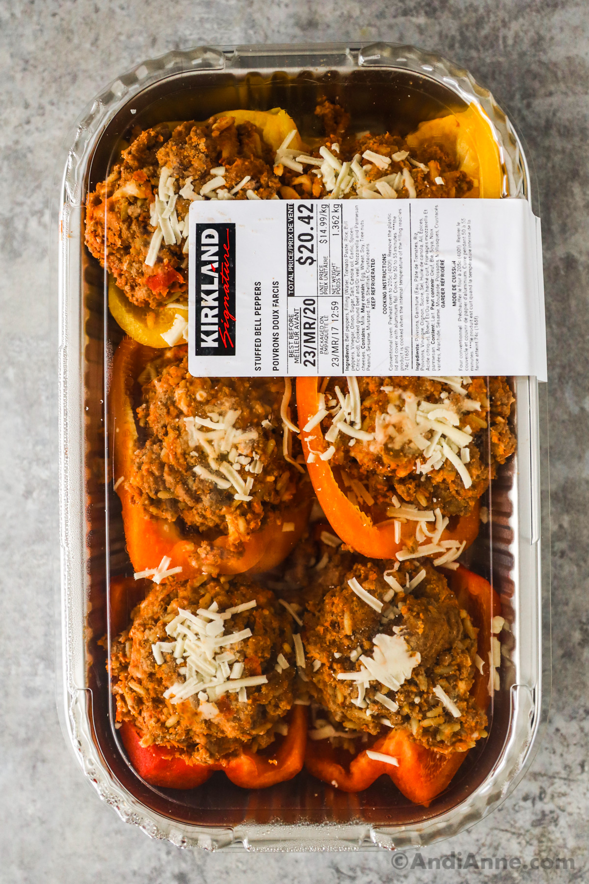 A container of Costco stuffed bell peppers.
